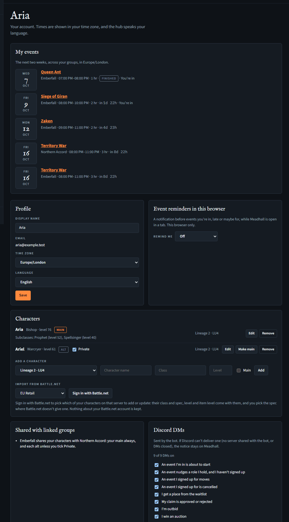 The account page: My events, Profile with display name, time zone and language, Event reminders in this browser, Characters with a main (with two subclasses) and a private alt, Import from Battle.net, Shared with linked groups and Discord DMs.