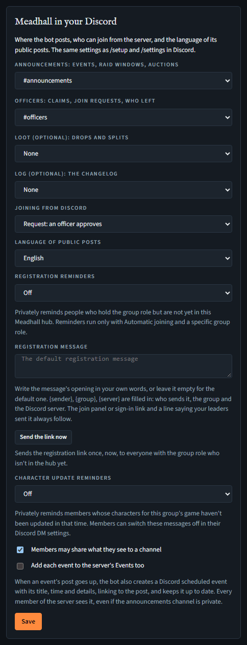 The Meadhall in your Discord card on Settings: Announcements, Officers, Loot and Log channels, Joining from Discord, Language of public posts, registration reminders and their message with Send the link now, character update reminders, sharing, adding events to the server's Events, Save.