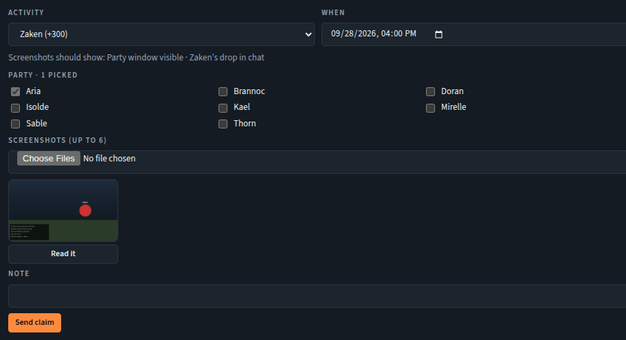The New claim form: activity, when, party checkboxes, a screenshot thumbnail with a Read it button, note and Send claim.