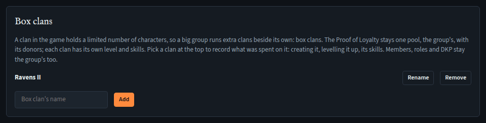 The Box clans card: what box clans are, Ravens II with Rename and Remove, and a name box with Add.