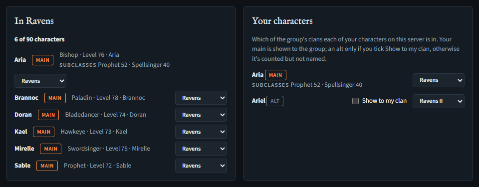 In Ravens: characters against the game's limit, the mains it names, and an officer's list to move each; beside it, Your characters with a clan list for each and Show to my clan for an alt.
