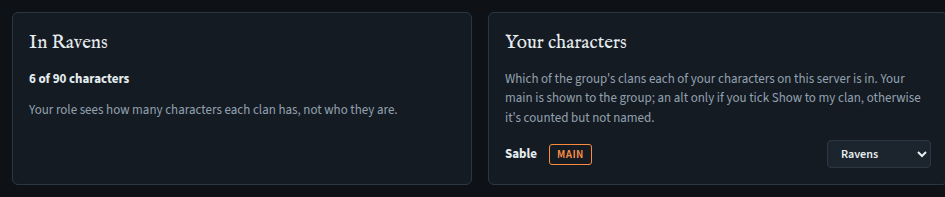 A record-only role's view: In Ravens, 6 of 90 characters, and a line saying the role sees how many, not who; beside it, their own character with its clan list.