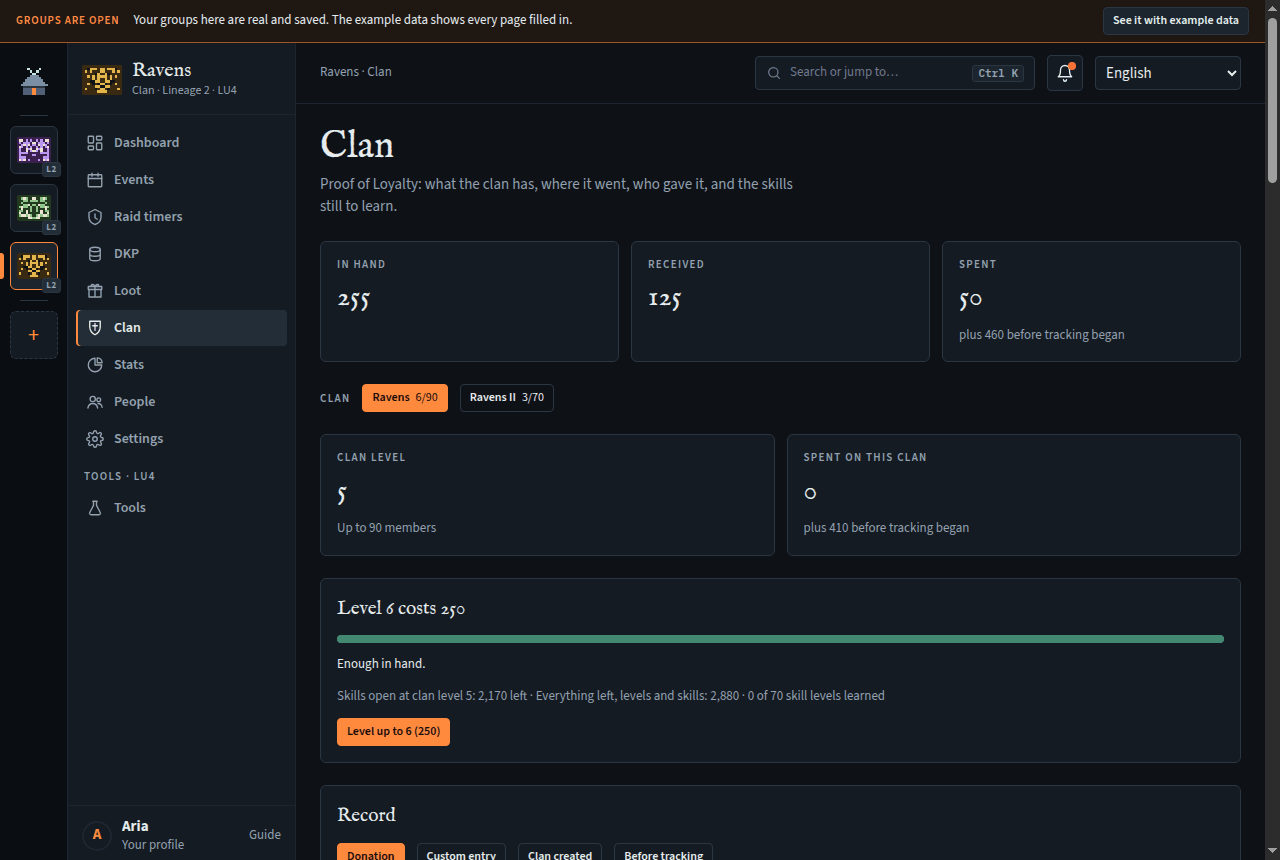 The Clan page: In hand, Clan level, Received and Spent, the cost of the next level, and the Record card.