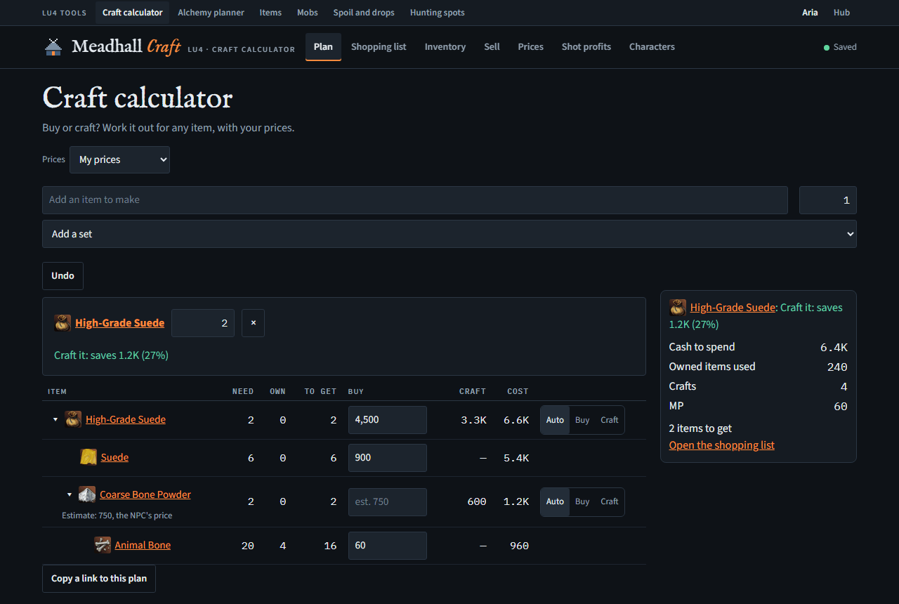 The craft calculator's plan for High-Grade Suede: the verdict, the tree of materials with prices, and the summary beside it.
