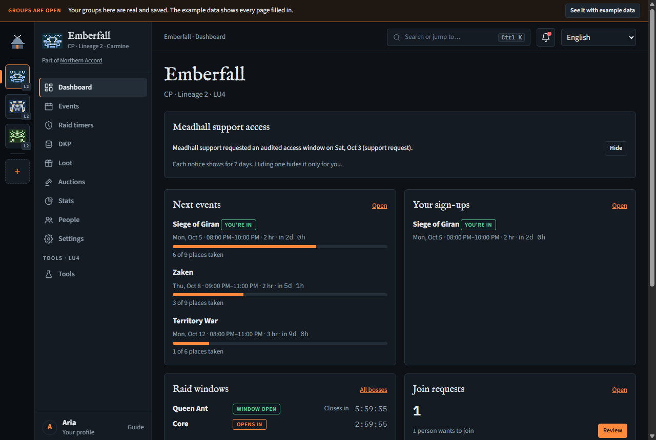 A CP's Dashboard with Next events, Your sign-ups, Raid windows, Join requests, Your DKP and a leader-only Meadhall support access notice.