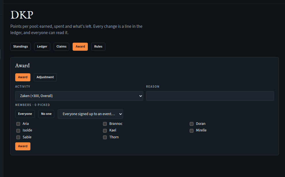 The Award tab: Award and Adjustment modes, activity, reason, and a grid of members to tick.