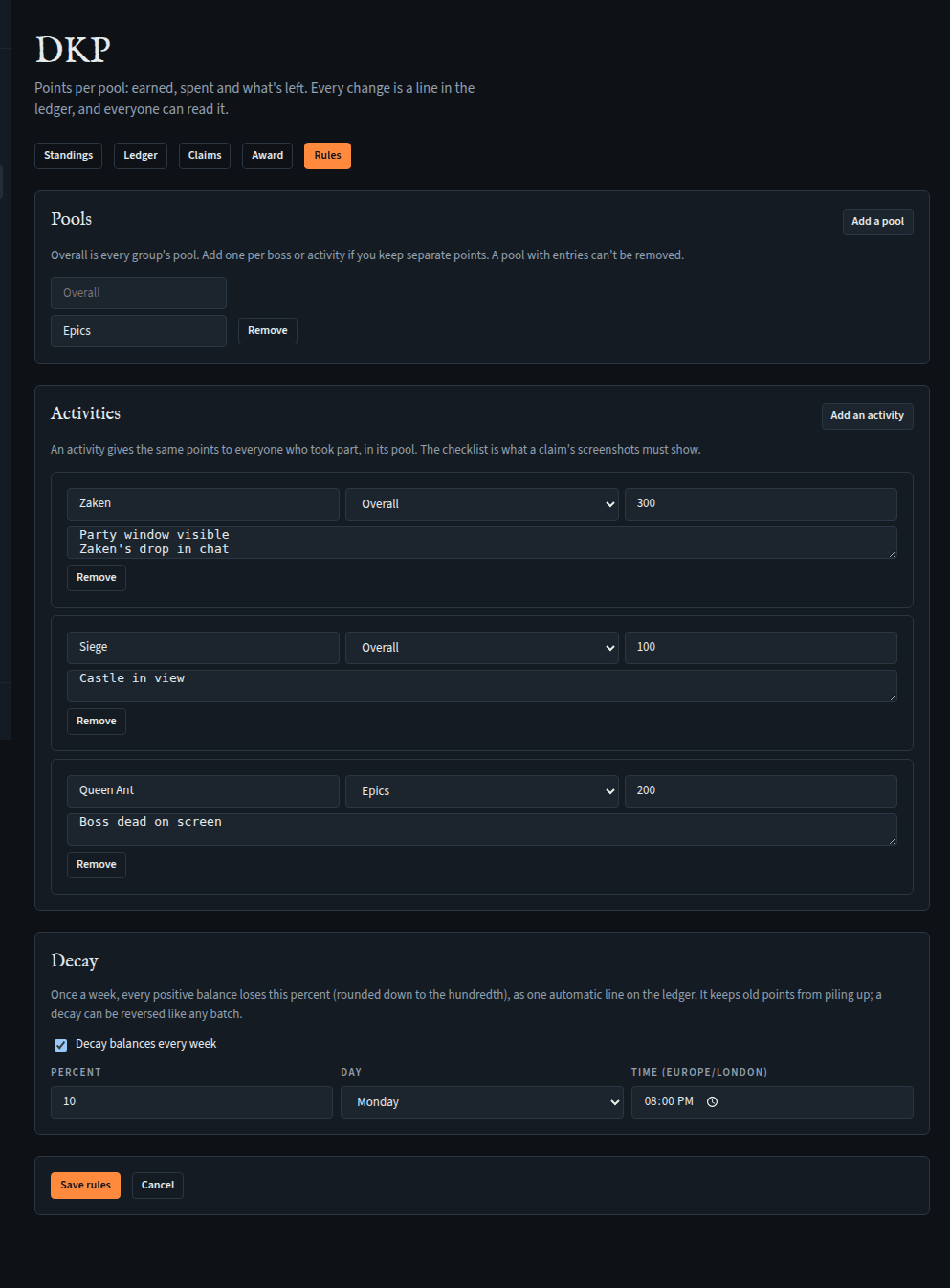 The Rules tab: Pools (Overall, Epics), Activities with name, pool, points and checklist, and Decay settings.