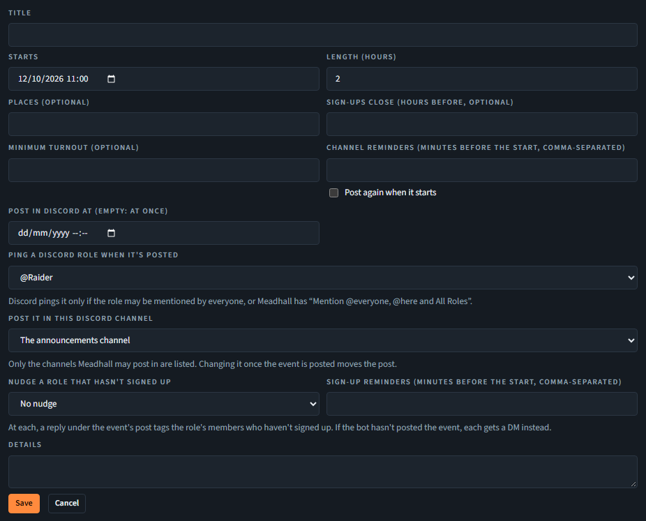 The New event form on a group with a linked Discord server: Ping a Discord role when it's posted, set to @Raider, and Post it in this Discord channel, left on the announcements channel.