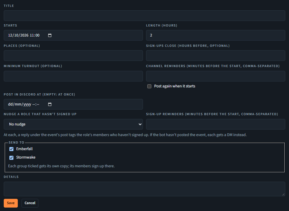 The New event form with Send to: two CPs ticked