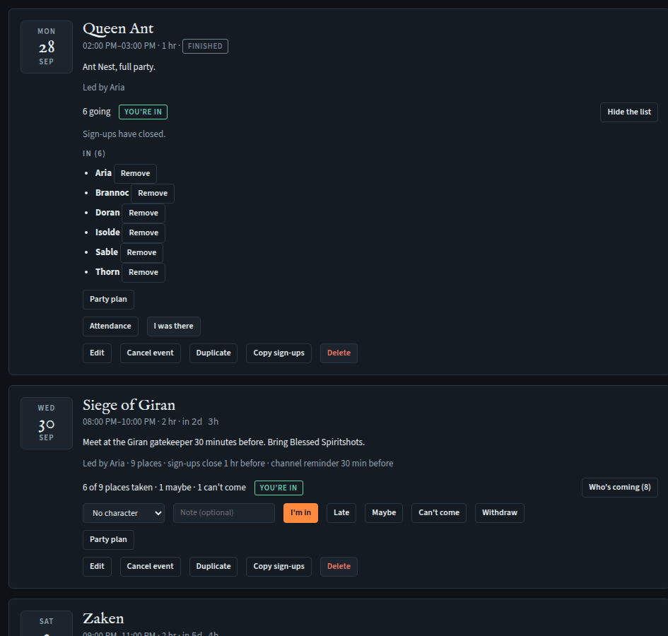 An event's sign-up list grouped into In, Late, Maybe and Can't come, with Remove buttons for the event's editor.