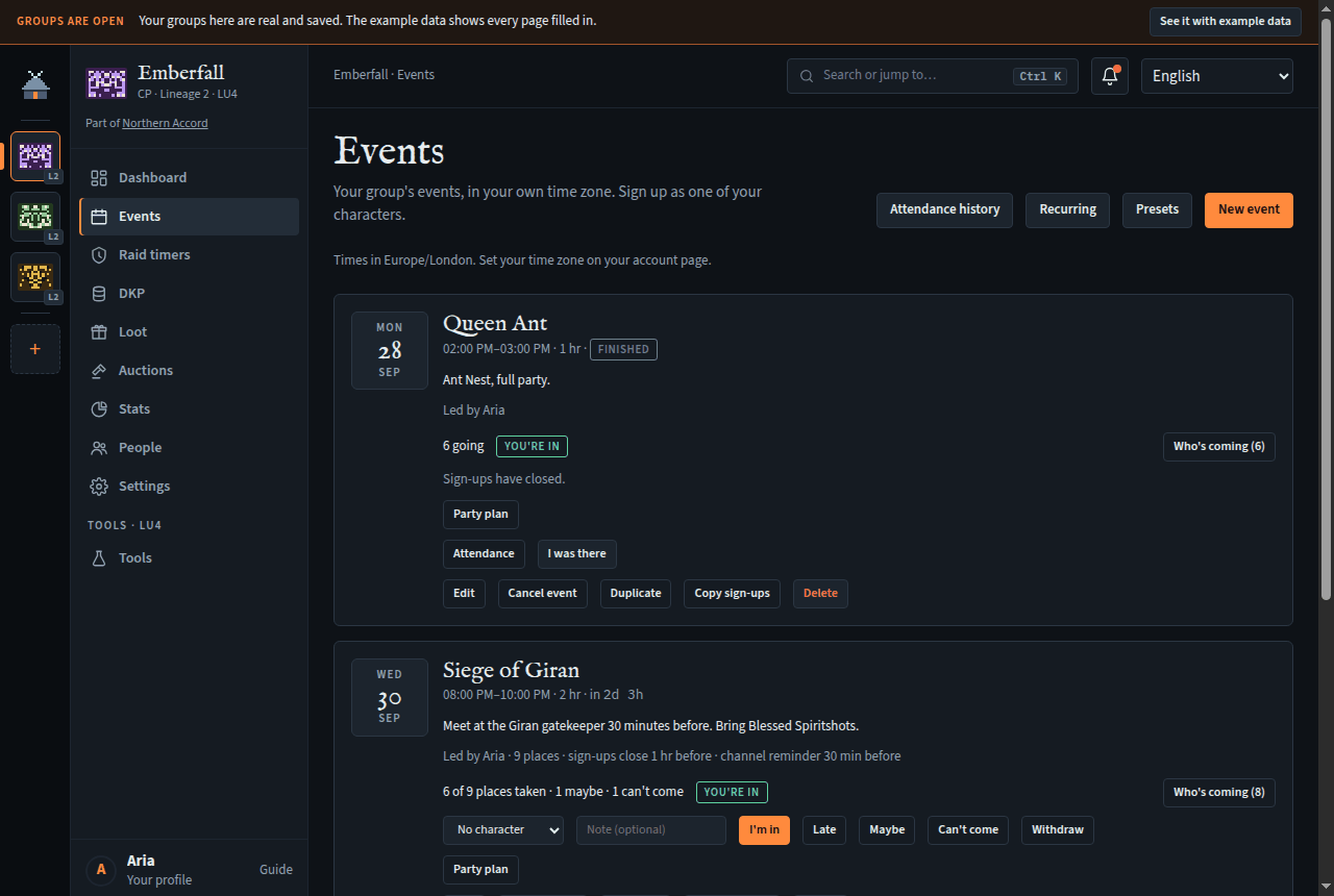 The Events page: a finished Queen Ant event with Attendance and I was there buttons, and the Siege of Giran with sign-up buttons.