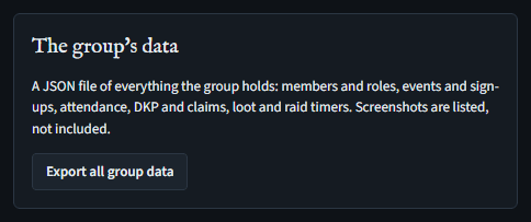 Settings, The group's data: what the export holds, and Export all group data.