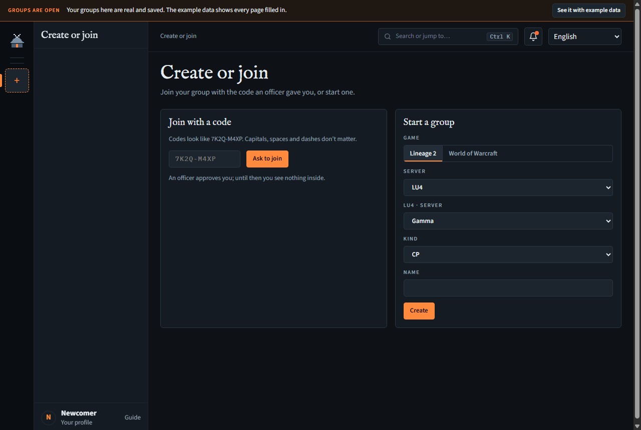 The Create or join page: Join with a code on the left, Start a group on the right with game, server, LU4 server, kind and name.