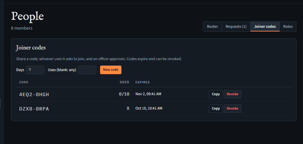 The Joiner codes tab: Days and Uses fields, the New code button, and a table of codes with Used, Expires, Copy and Revoke.