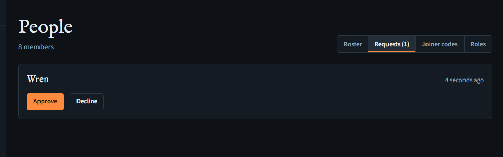 The Requests tab with one person waiting, and Approve and Decline buttons.