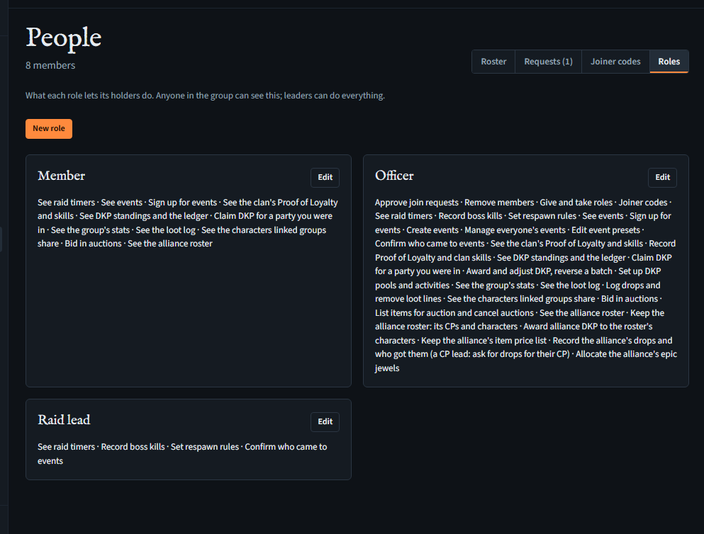 The Roles tab: Member, Officer and a custom Raid lead role, each listing its permissions, with Edit buttons and New role.