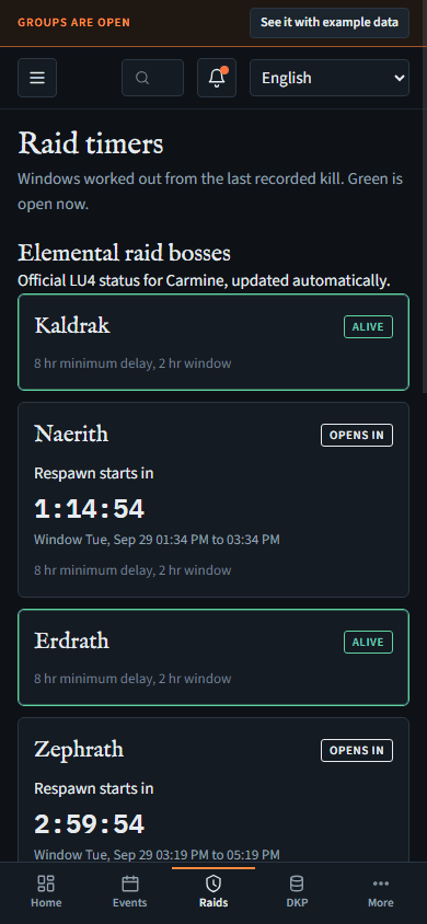 The hub on a phone: official LU4 elemental raid status on the Raid timers page, and the bottom bar with Home, Events, Raids, DKP and More.