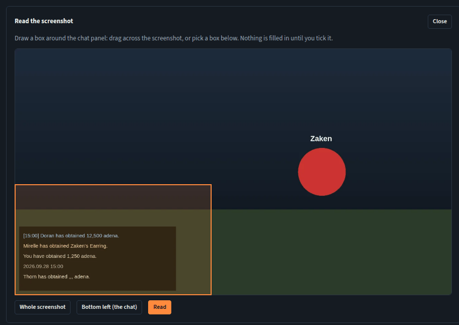 Reading a screenshot: the screenshot with a box drawn round the chat panel, and Whole screenshot, Bottom left and Read buttons.