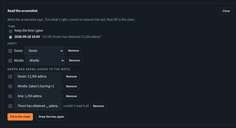 What the screenshot says: a time to tick, party names matched to members, and drop and adena lines to add to the note.