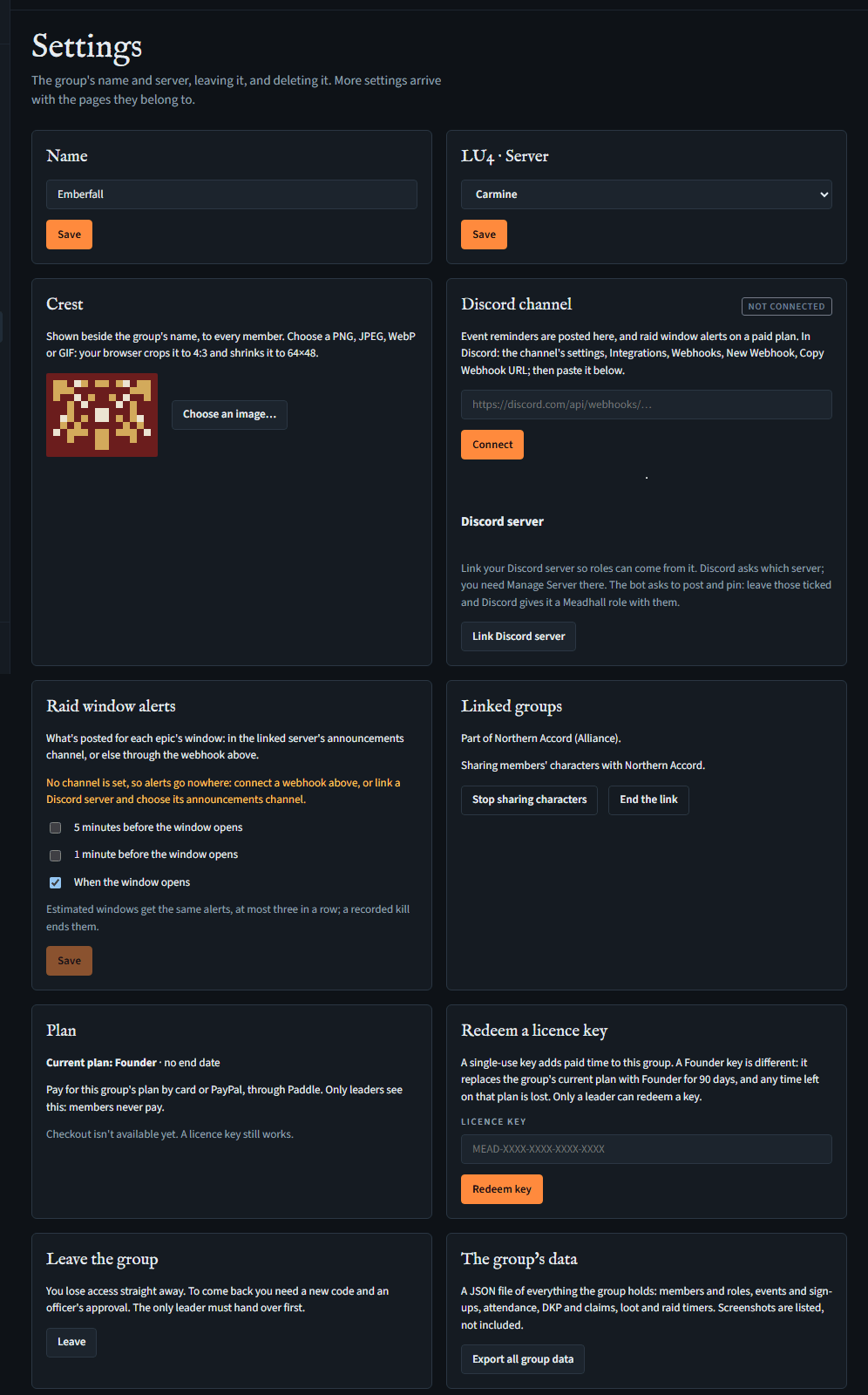 The group's Settings: Name, LU4 server, Crest, Discord channel, Discord server, Raid window alerts, Linked groups, Plan, Redeem a licence key, Leave the group and The group's data.