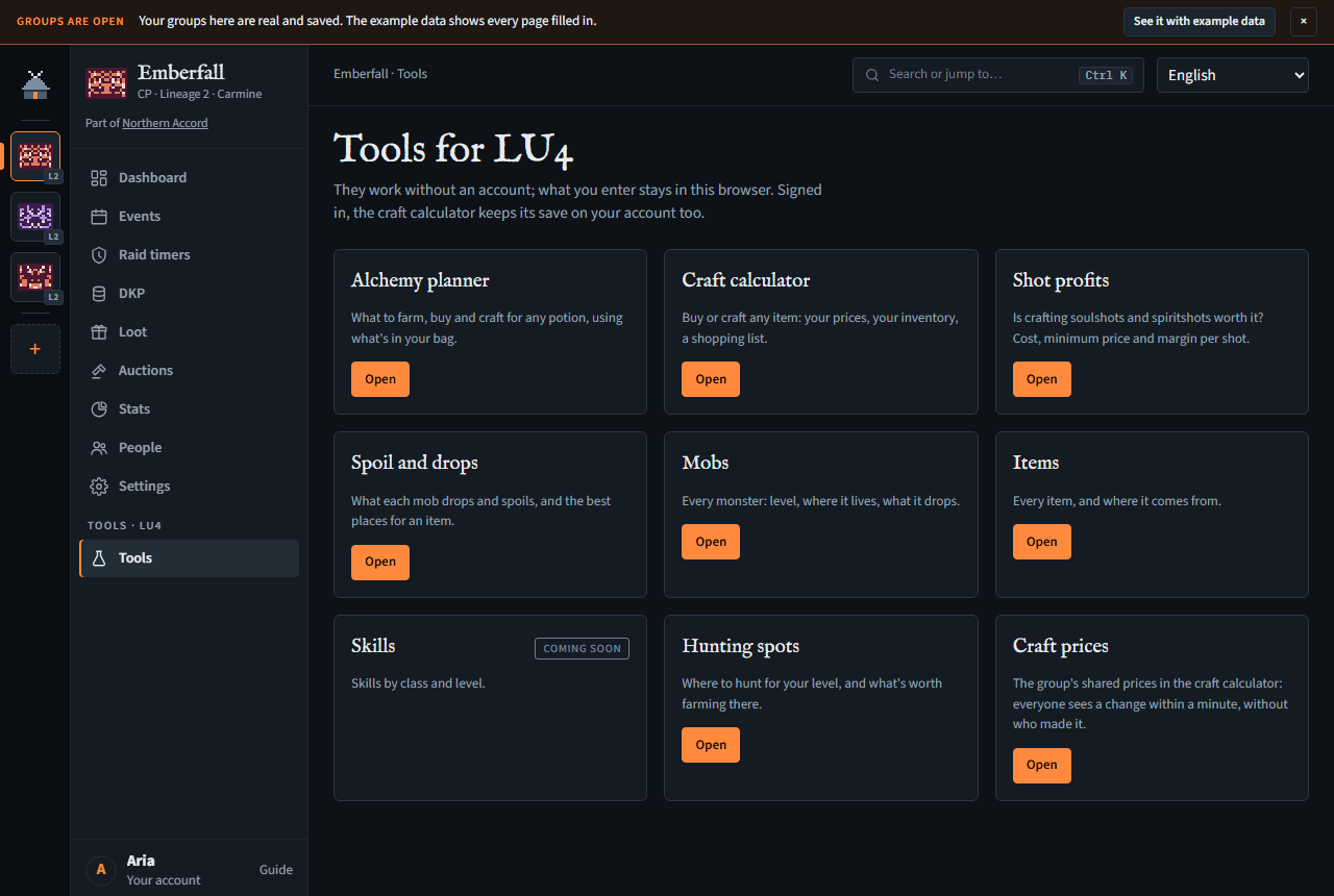 The Tools page for LU4: the Alchemy planner, the craft calculator, shot profits and the four lookups ready, Skills coming soon.